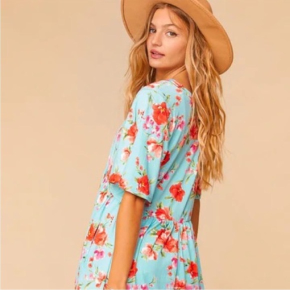 Size small Turquoise & Pink Floral Dress, EUC - Picture 4 of 6